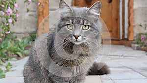 Grey and white cat itting in front of white background