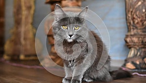 Grey and white cat itting in front of white background