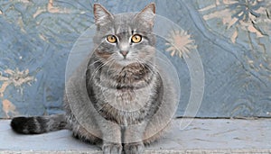 Grey and white cat itting in front of white background