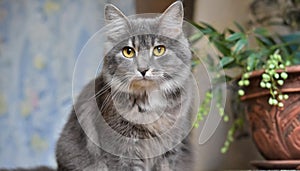 Grey and white cat itting in front of white background