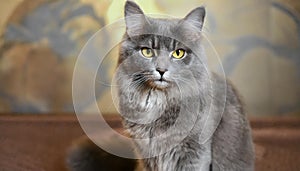 Grey and white cat itting in front of white background