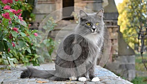 Grey and white cat itting in front of white background