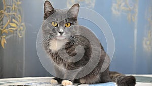 Grey and white cat itting in front of white background