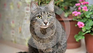 Grey and white cat itting in front of white background