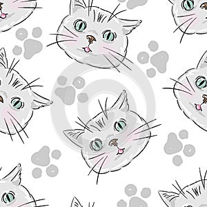 Grey and white cat seamless pattern. Meow and cat gray paws background vector illustration. Cute cartoon pastel