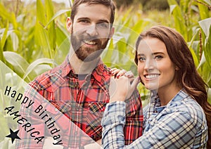 Grey and white fourth of July graphic against couple in cornfield