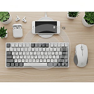 With a grey and white mechanical keyboard wireless mouse and