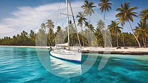 A grey-white sailing yacht anchoring in crystal clear turquoise water in front of the paradisiacal Islands with green palm trees