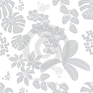 Grey-white seamless pattern tropical flowers.vector illustration