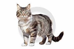 Grey and white tabby cat illustration aquarelle on white background. Pet, domestic animal. AI Generated