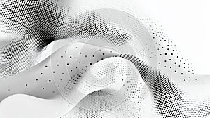 In grey and white tones, a circular pattern and halftone dots make up this abstract background