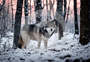 a grey and white wolf walking in a snowy forest during sunset
