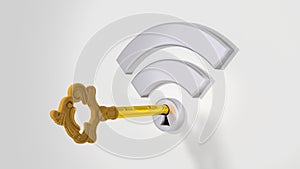 Grey wifi symbol with a keyhole on a white wall and a golden key