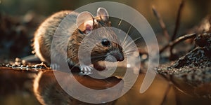 Grey Wild Mouse Drinks Water Form The Puddle In The Forest