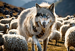 Grey wild wolf among a flock of sheep in a sunny highland pasture