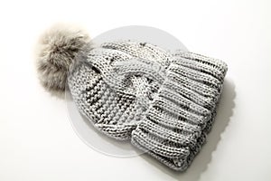 Grey winter warm bobble hat with pom pom