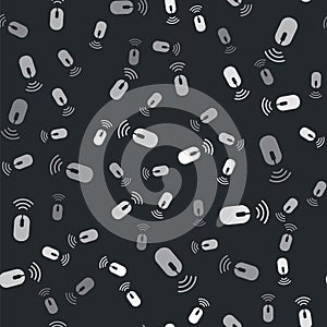 Grey Wireless computer mouse system icon isolated seamless pattern on black background. Internet of things concept with