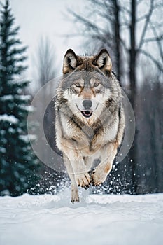 Grey Wolf (Canis lupus) Portrait running in the snow in winter . Generated AI