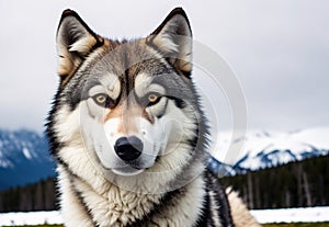 Grey Wolf face close-up in the Winter Landscape