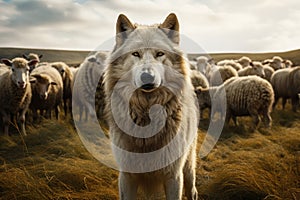 grey wolf and flock of sheep around