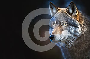 Grey wolf portrait with copy-space, generative AI