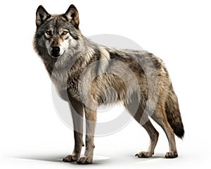 A grey wolf standing on a white background