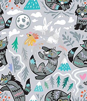 Grey wolves seamless pattern. Vector illustration