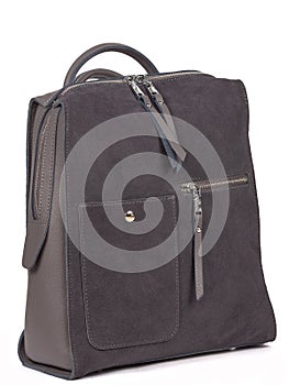 Grey woman's leather fashion backpack on white background