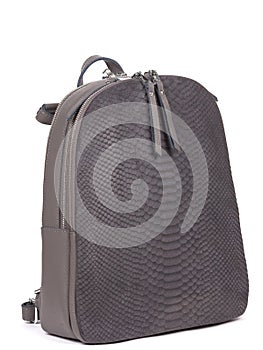 Grey woman's leather fashion backpack on white background