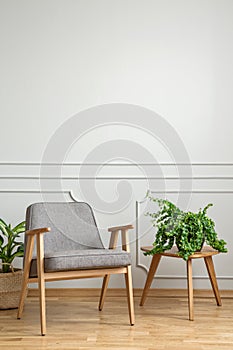 Grey wooden armchair next to table with plant in living room int