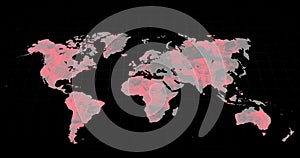 Grey world map changing to mostly pink on a black background