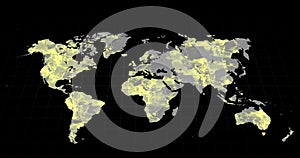 Grey world map changing to mostly yellow on a black background