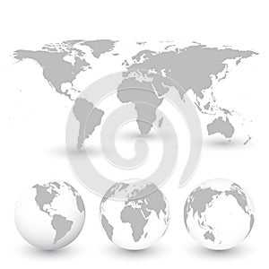 Grey World Map and Globes vector Illustration