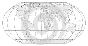 Grey world map with meridians and parallels grid on white background. Vector eps8