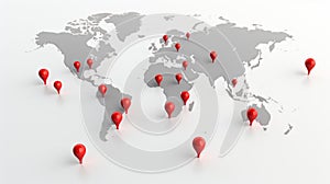 a grey world map with red pins marking various global locations worldwide connections on a white background photo