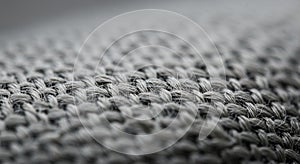 Grey woven fabric texture in a close-up view, showcasing a tight, uniform pattern. The