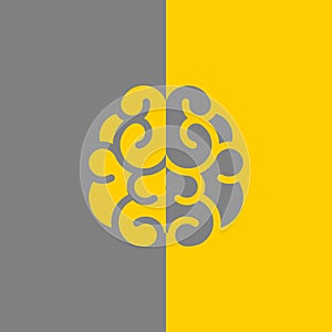 Grey and yellow brain icon. Right and left hemisphere difference