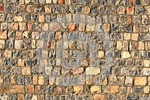 Grey Yellow Stonewall Made From Flagstone And Sandstone Slabs Background, Bumpy Stone Wall Texture, Rocky Structure Backdrop