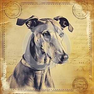 Greyhound dog, old vintage retro postcard style, close-up portrait, cute pet