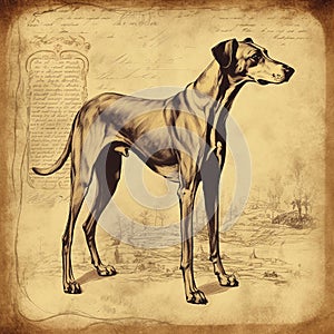 Greyhound dog, old vintage retro postcard style, close-up portrait, cute pet