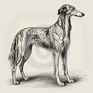 Greyhound, engaving style, close-up portrait, black and white drawing, photo