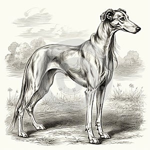 Greyhound, engaving style, close-up portrait, black and white drawing, photo