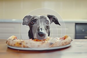 greyhound peering over a table, snatching a slice of pizza