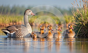 Greylag goose (anser) family swimming in a lake