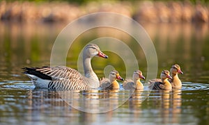 Greylag goose (anser) family swimming in a lake