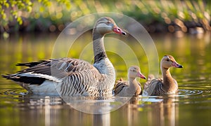 Greylag goose (anser) family swimming in a lake