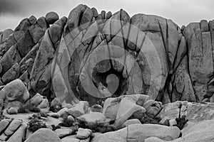 Greyscale shot of the rock formations at the Joshua Tree National Park in California, US