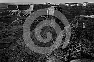 Greyscale shot of rock formations in the middle of the canyon