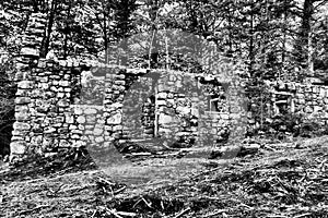 Greyscale shot of the ruins of an old and forgotten lodge in a field captured during the daytime