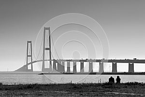 Greyscale shot of the Storebaelt Bridge, Denmark